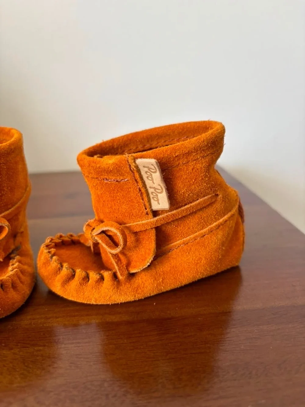 Orange Suede Baby Moccasin Booties with Bow